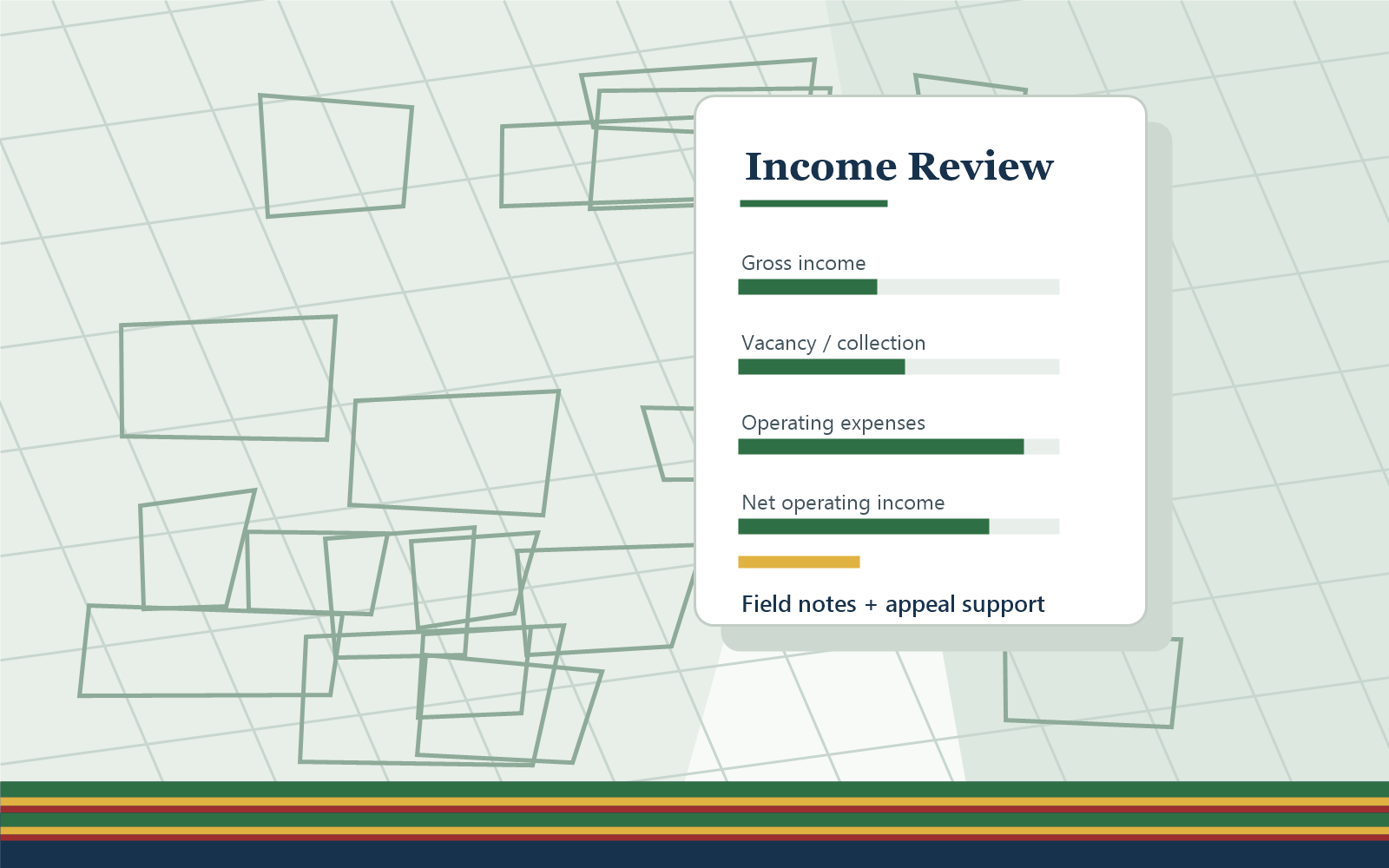 Illustration of parcel review and income analysis documents for property valuation work